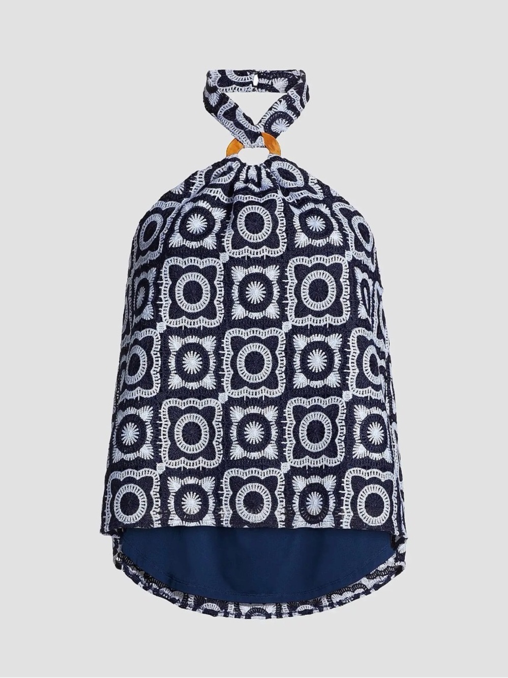 Ramy Brook Navy & White Crochet-Style Halter Crop Top with Wood Ring